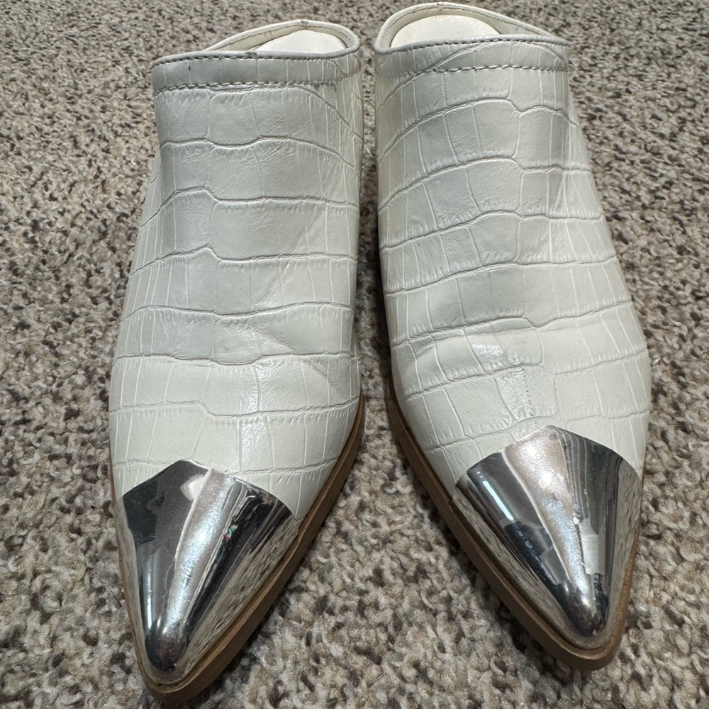 Silver-Tipped White Croc-Embossed Mules